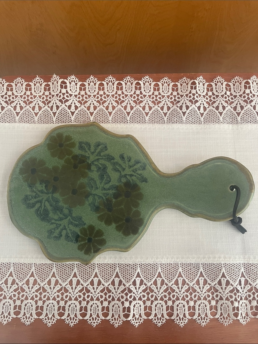 Vintage Ceramic Scalloped Cheese Board Trivet Celadon Green Floral Paddle